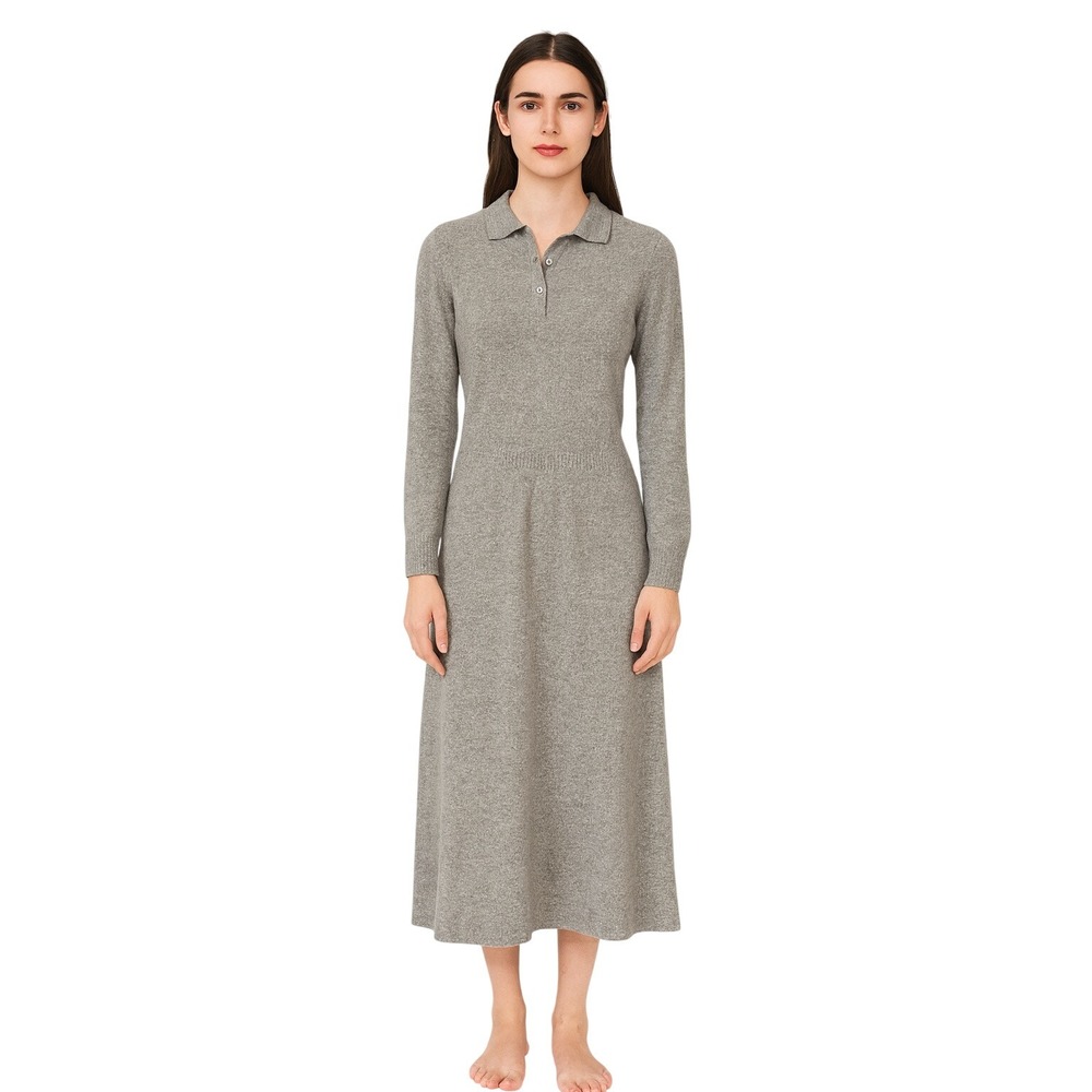 Vintage 50s Kimberly Cashmere Knit Midi Dress Gray Preppy Polo Long Sleeve